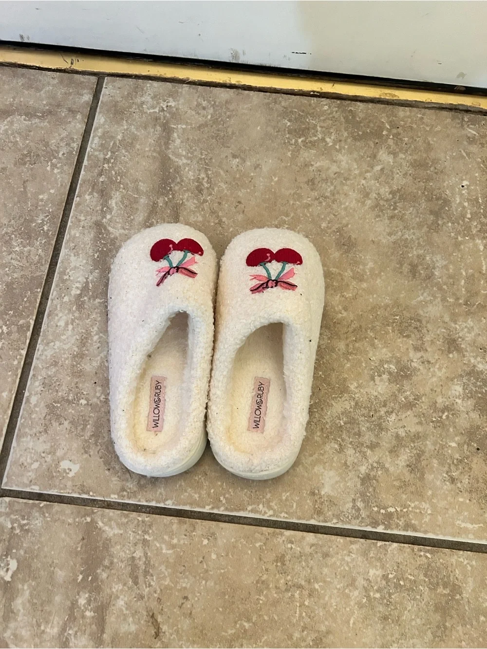 Kids Cream Cherry Embroidered Slip-On Slippers